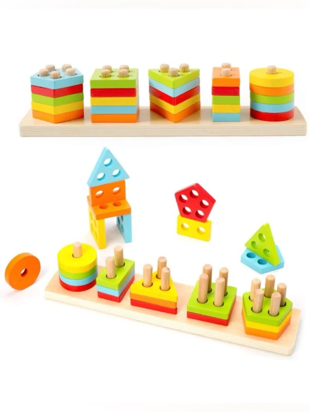 Wooden Colorful Shape Stacking Toy - Educational Kids Sorting Puzzle Stackable